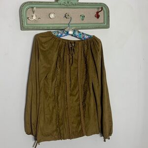 Les Rivales boho pleated ruffled long sleeve v neck top faux suede tan